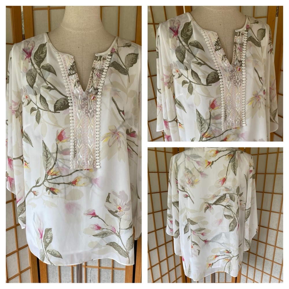 Belle by Kim Gravel Floral Embroidered Lightweight Top SZ M Cottagecore